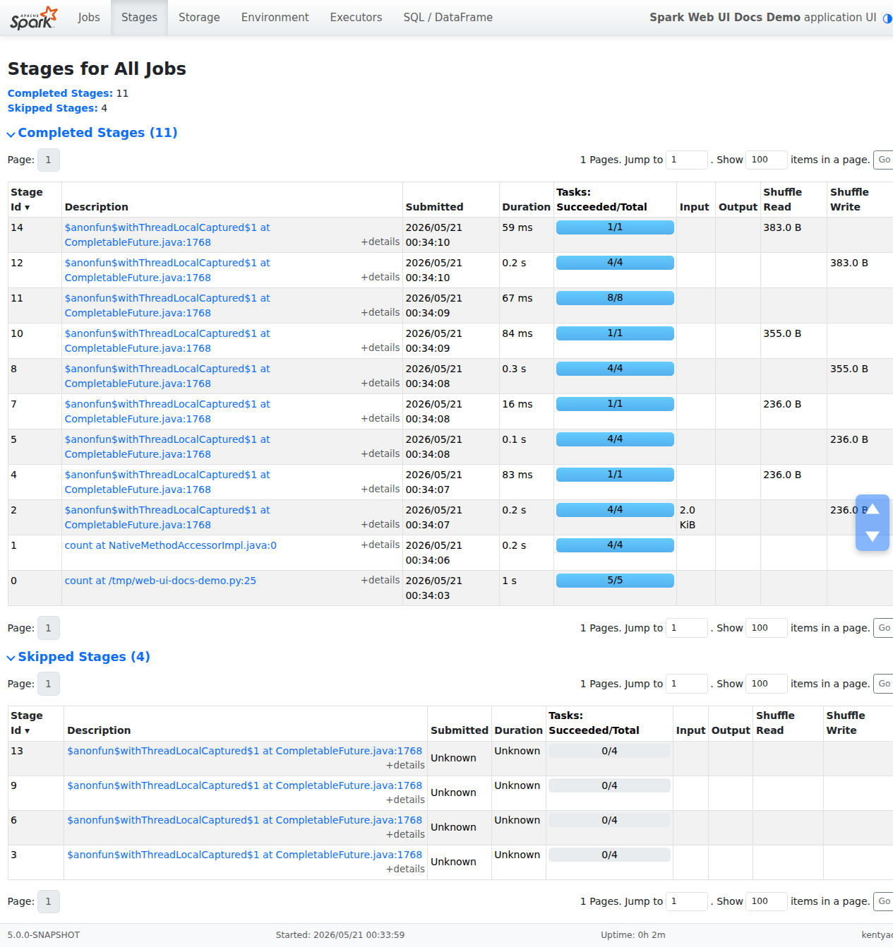 The Spark UI stages page, listing each stage with its task counts, durations, shuffle read and write, and spill
